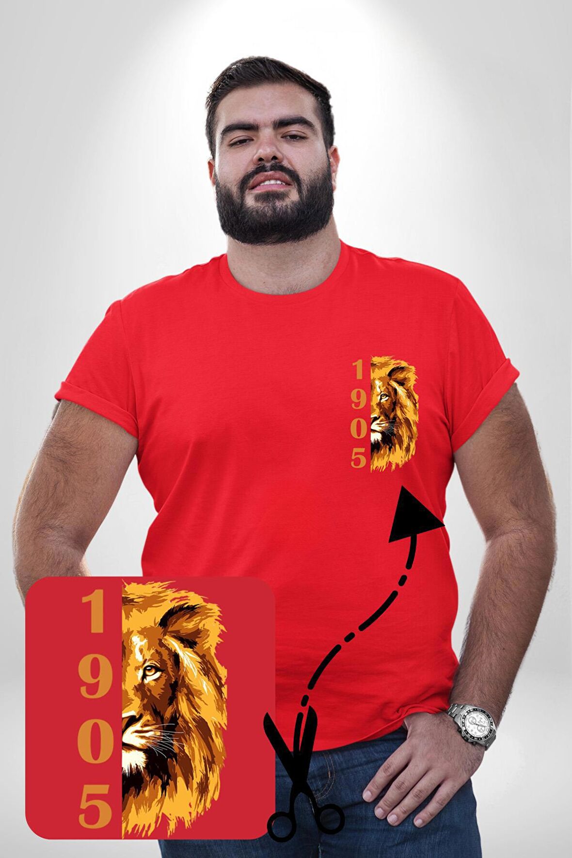 Aslan 1905 Taraftar Kırmızı Büyük Beden Kadın Basic Minimal Baskılı Tişört