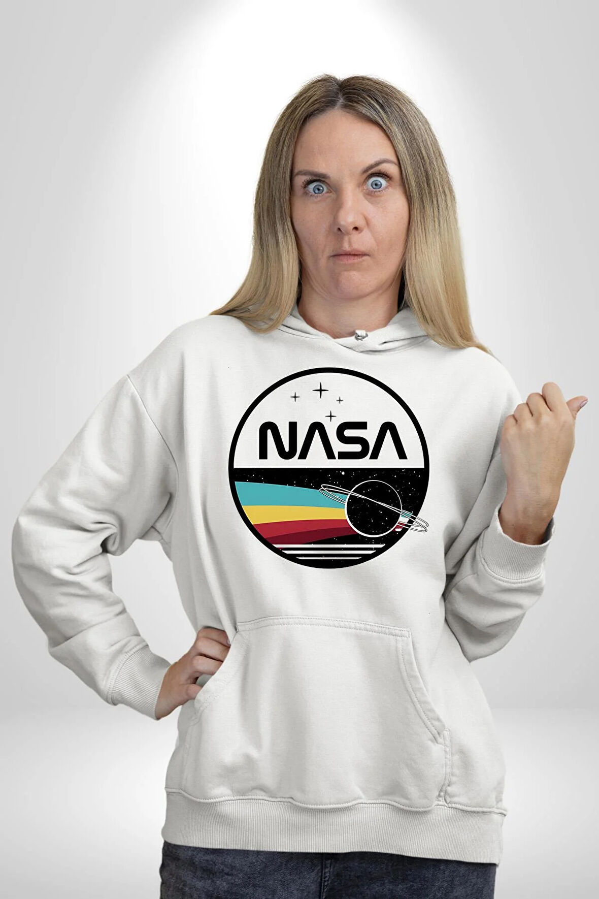Nasa Uzay Tasarımı Kadın Erkek  Beyaz Kapüşonlu Sweatshirt Hoodie
