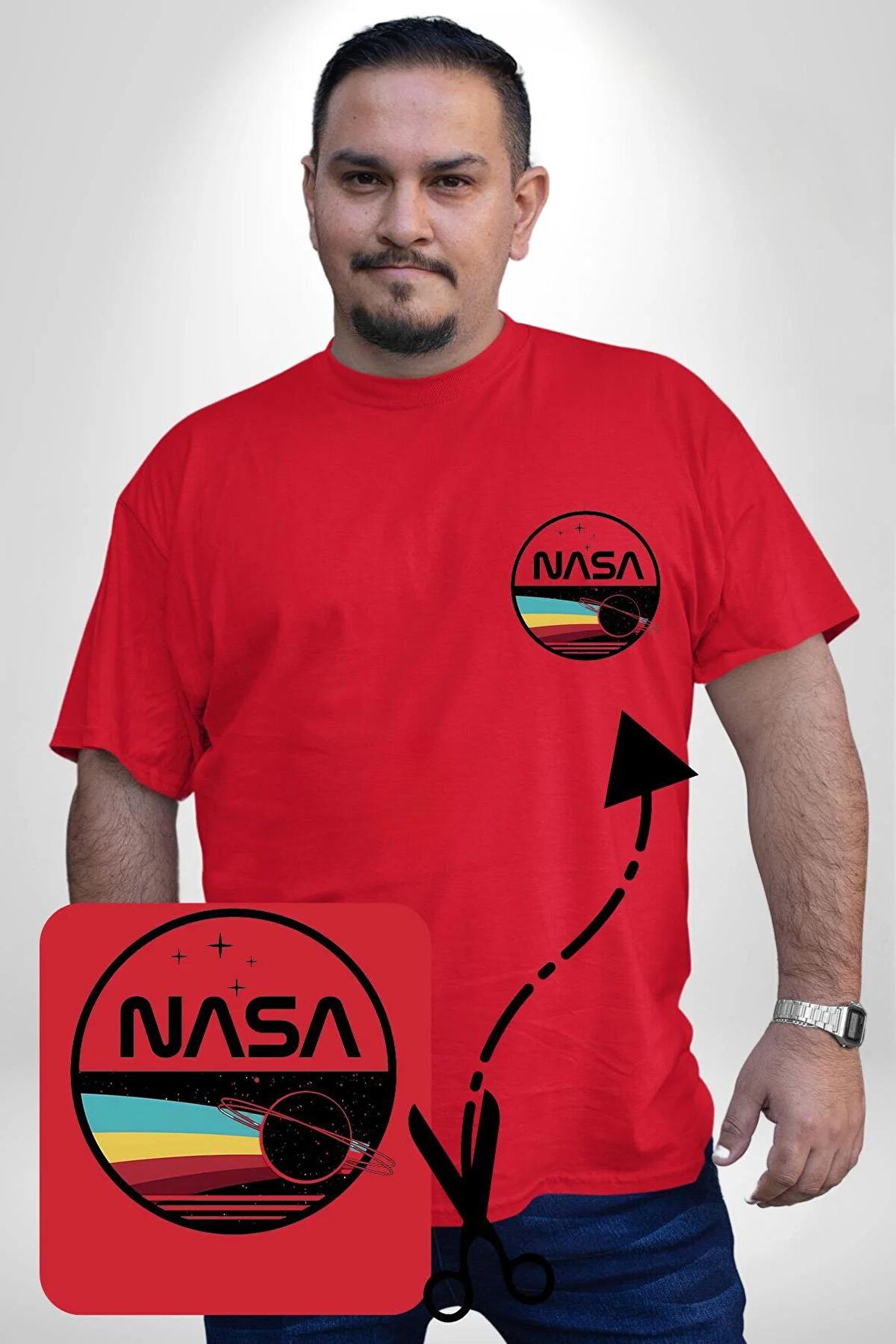 Nasa Uzay Tasarımı Kırmızı Büyük Beden Kadın Basic Minimal Baskılı Tişört