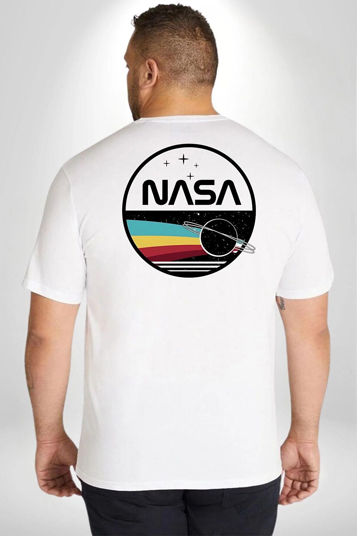 Nasa Uzay Tasarımı Büyük Beden Beyaz Tişört Kadın Erkek Ünisex Sırt Baskılı