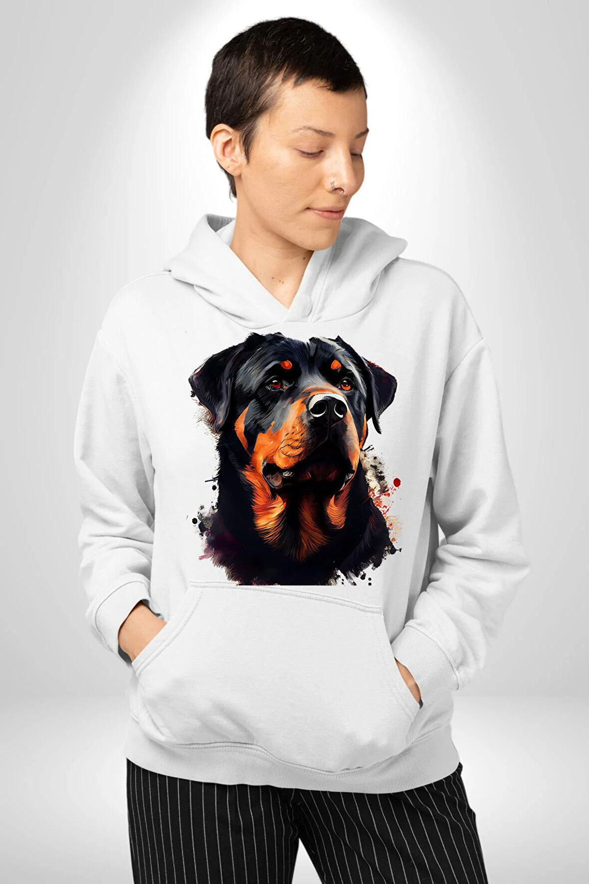 Sulu Boya Rottweiler Kadın Erkek  Beyaz Kapüşonlu Sweatshirt Hoodie