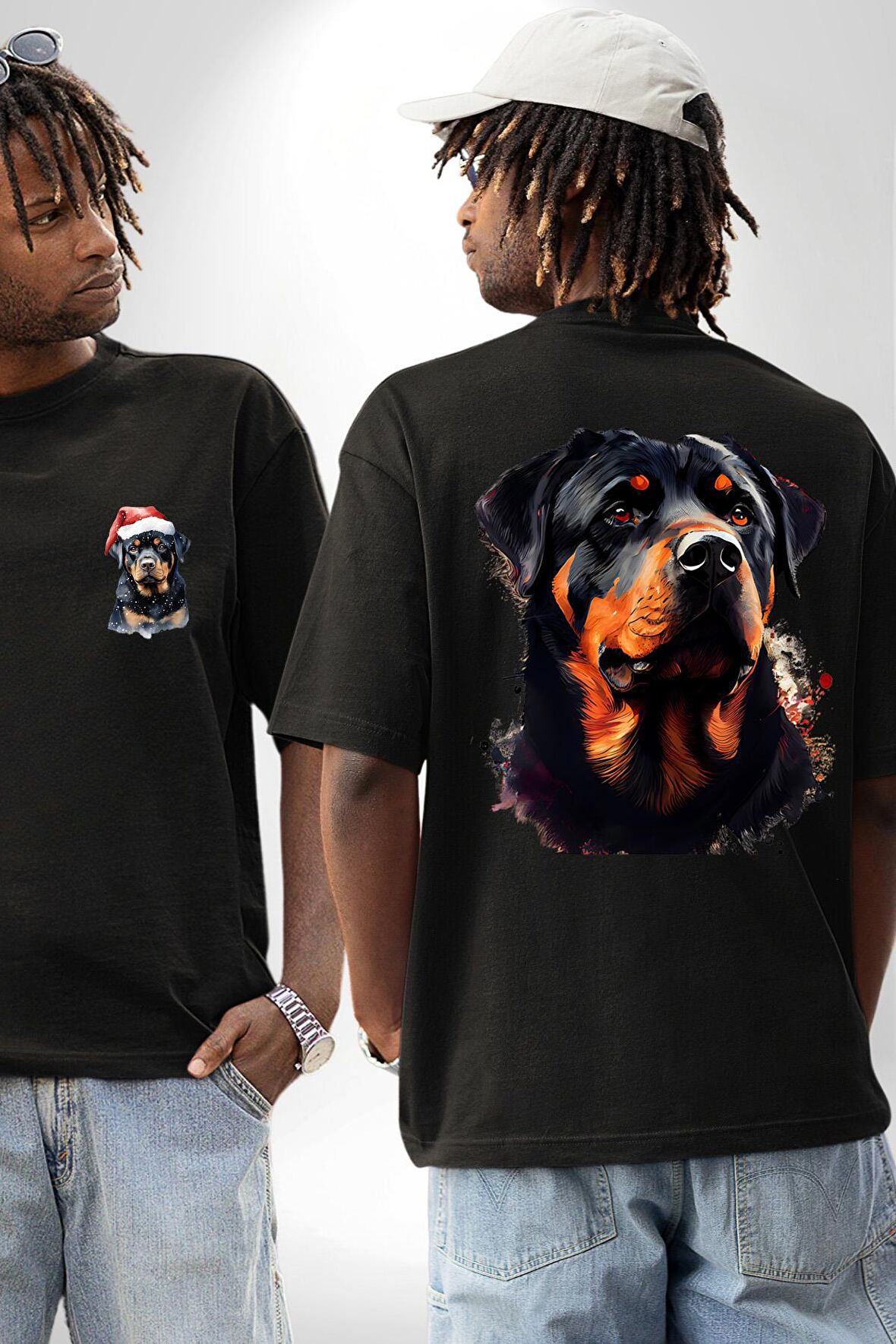 Sulu Boya Rottweiler Siyah Oversize Kadın Erkek Ön ve Sırt Baskılı Tişört