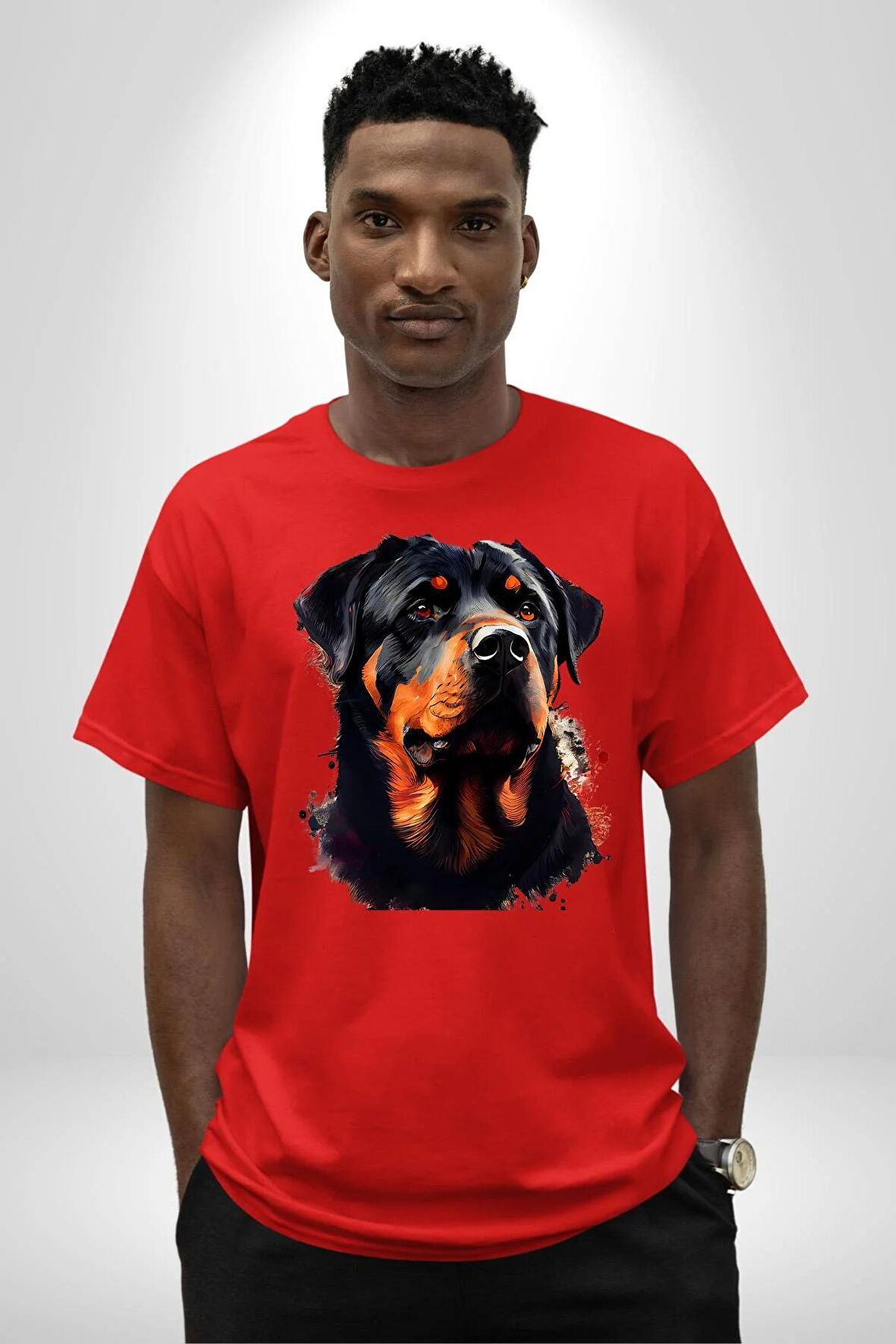 Sulu Boya Rottweiler Pamuklu Bisiklet Yaka Kadın Erkek Oversize Boyfriend Dijital Baskılı Kırmızı T-shirt