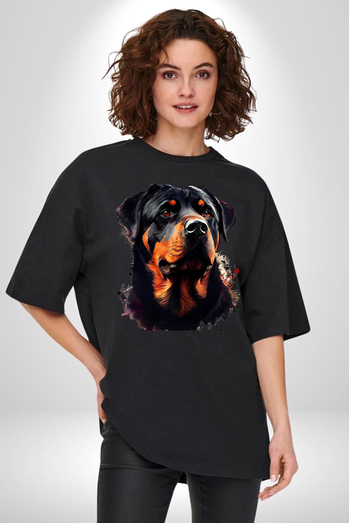 Sulu Boya Rottweiler Pamuklu Bisiklet Yaka Kadın Erkek Oversize Boyfriend Dijital Baskılı Siyah T-shirt