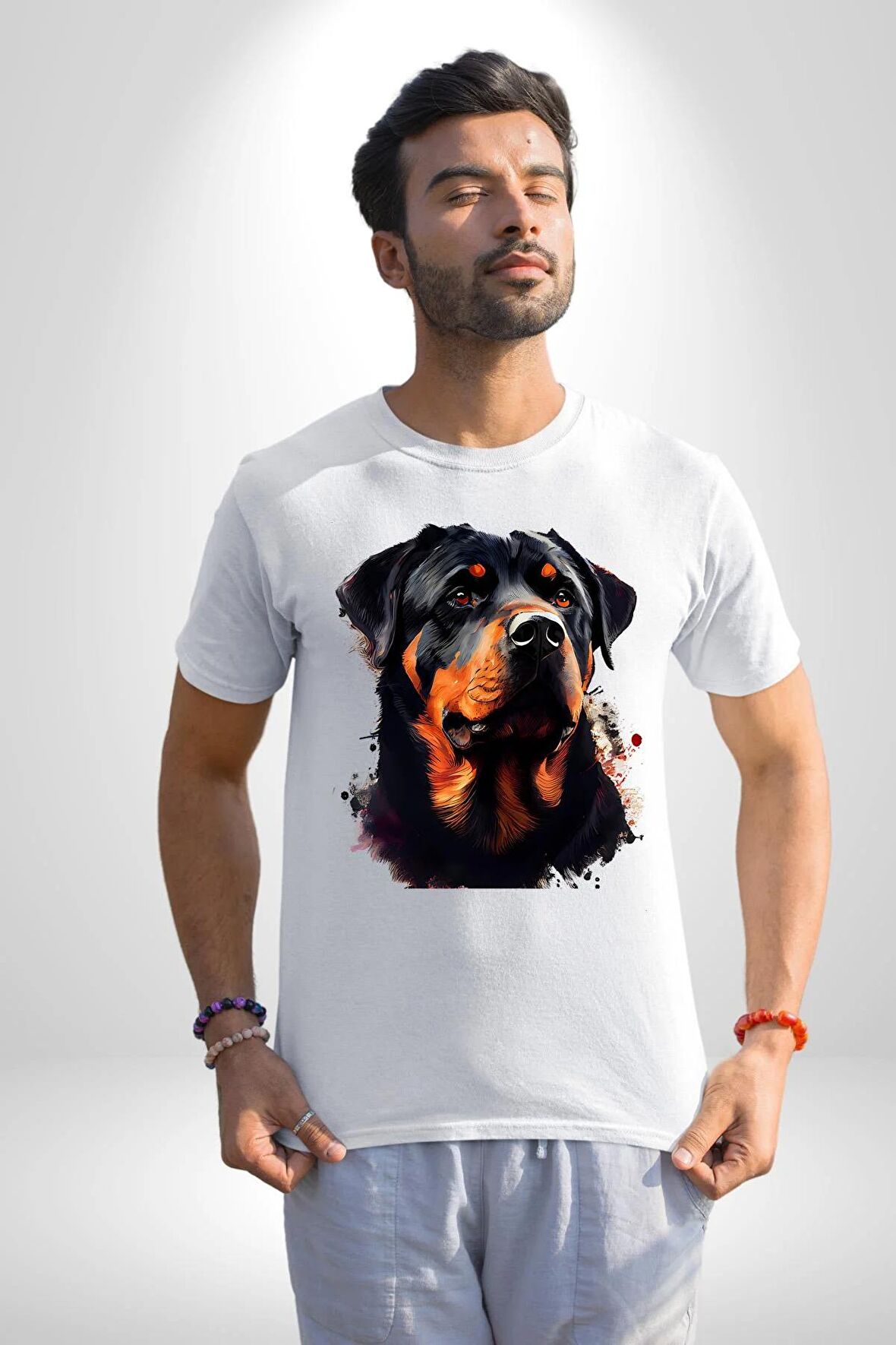 Sulu Boya Rottweiler Kadın Erkek Unisex Beyaz Organik Baskılı T-Shirt Penye Yüksek Kalite