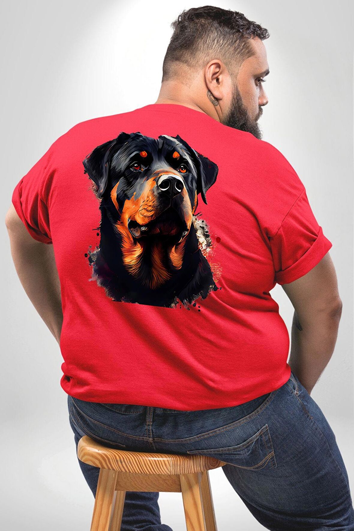 Sulu Boya Rottweiler Büyük Beden Kırmızı Tişört Kadın Erkek Ünisex Sırt Baskılı
