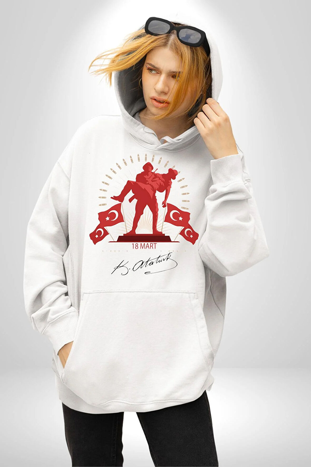 18 Mart Çanakkale Atatürk İmzası Kadın Erkek  Beyaz Kapüşonlu Sweatshirt Hoodie