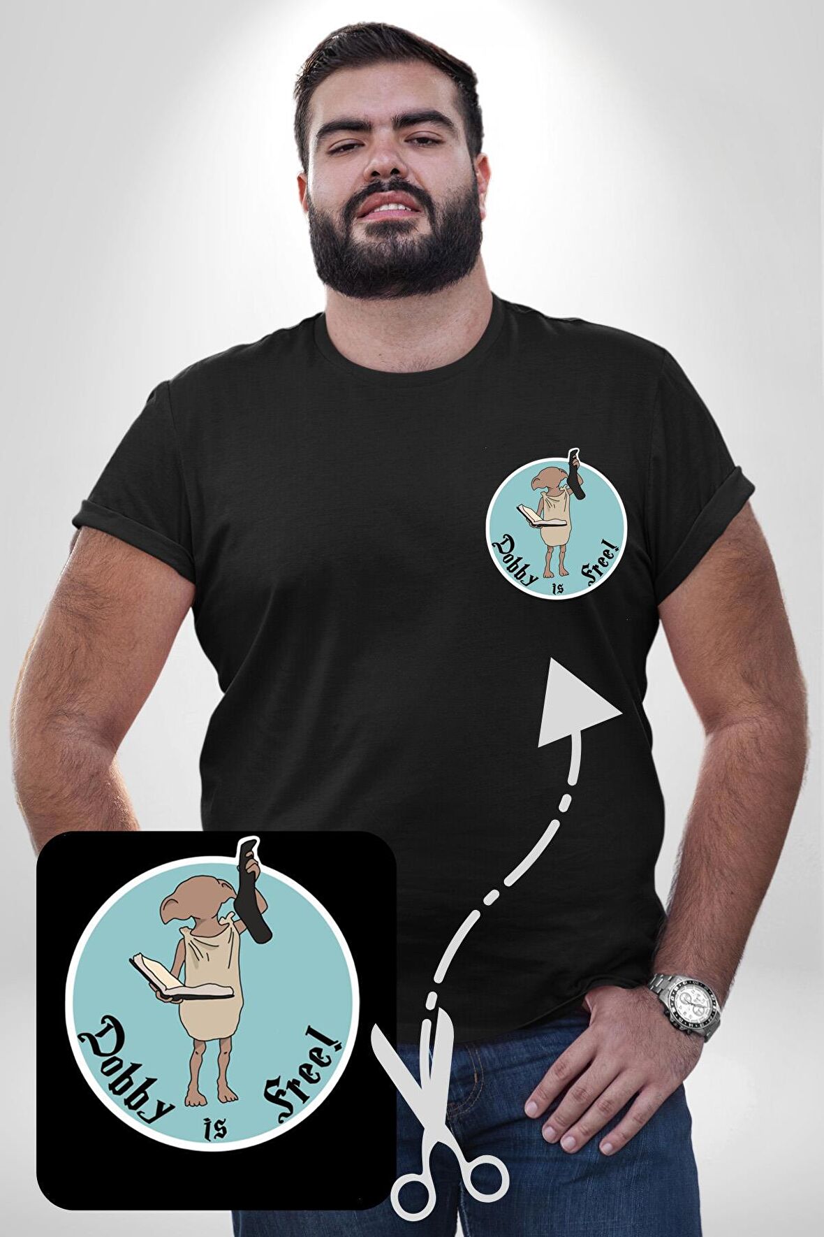 Dobby Özgürlük Siyah Büyük Beden Kadın Basic Minimal Baskılı Tişört