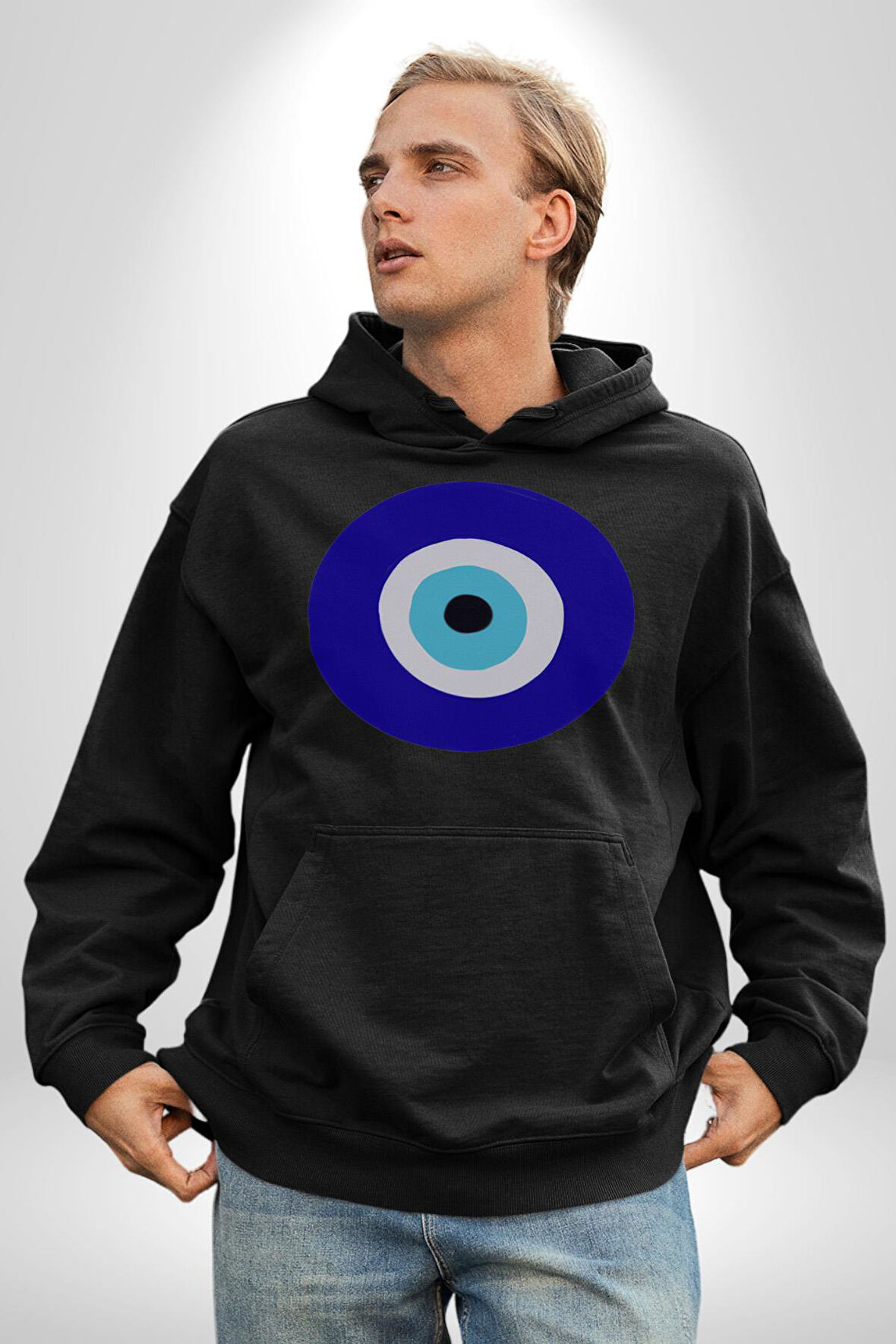 Nazar Boncuğu Kadın Erkek  Siyah Kapüşonlu Sweatshirt Hoodie