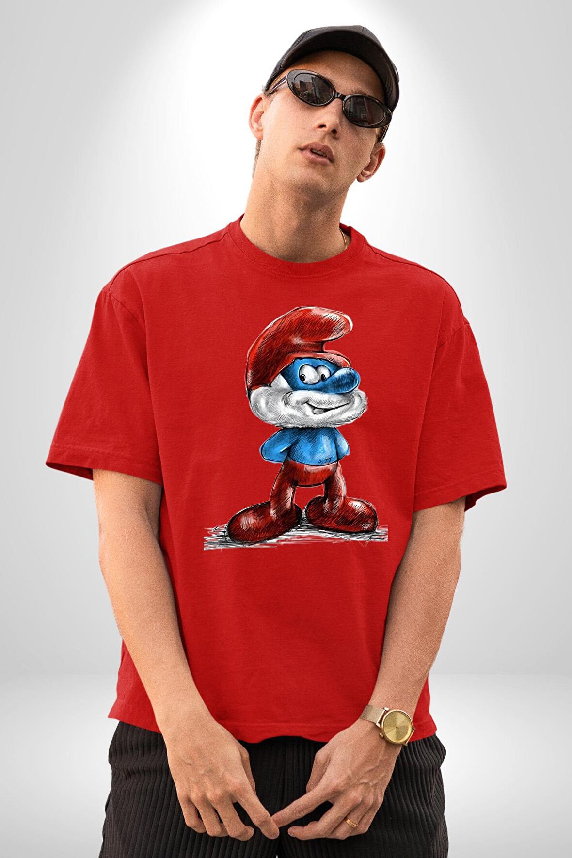 Şirin Baba Özel Cizim  Pamuklu Bisiklet Yaka Kadın Erkek Oversize Boyfriend Dijital Baskılı Kırmızı T-shirt