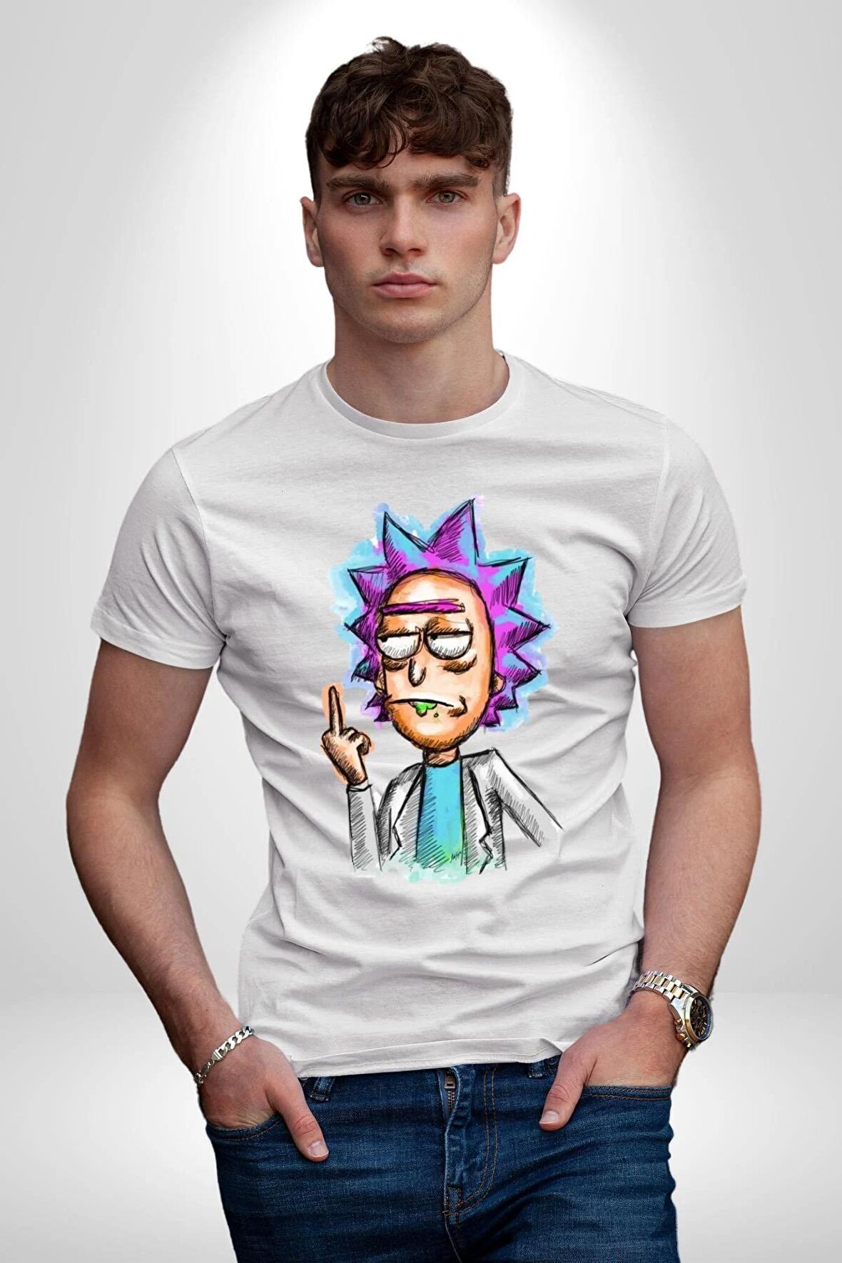 Rick ve Morty İsyan Boya Kalemi Tasarımı Kadın Erkek Unisex Beyaz Organik Baskılı T-Shirt Penye Yüksek Kalite