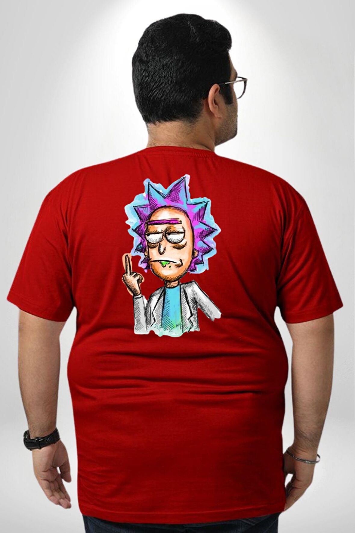Rick ve Morty İsyan Boya Kalemi Tasarımı Büyük Beden Kırmızı Tişört Kadın Erkek Ünisex Sırt Baskılı