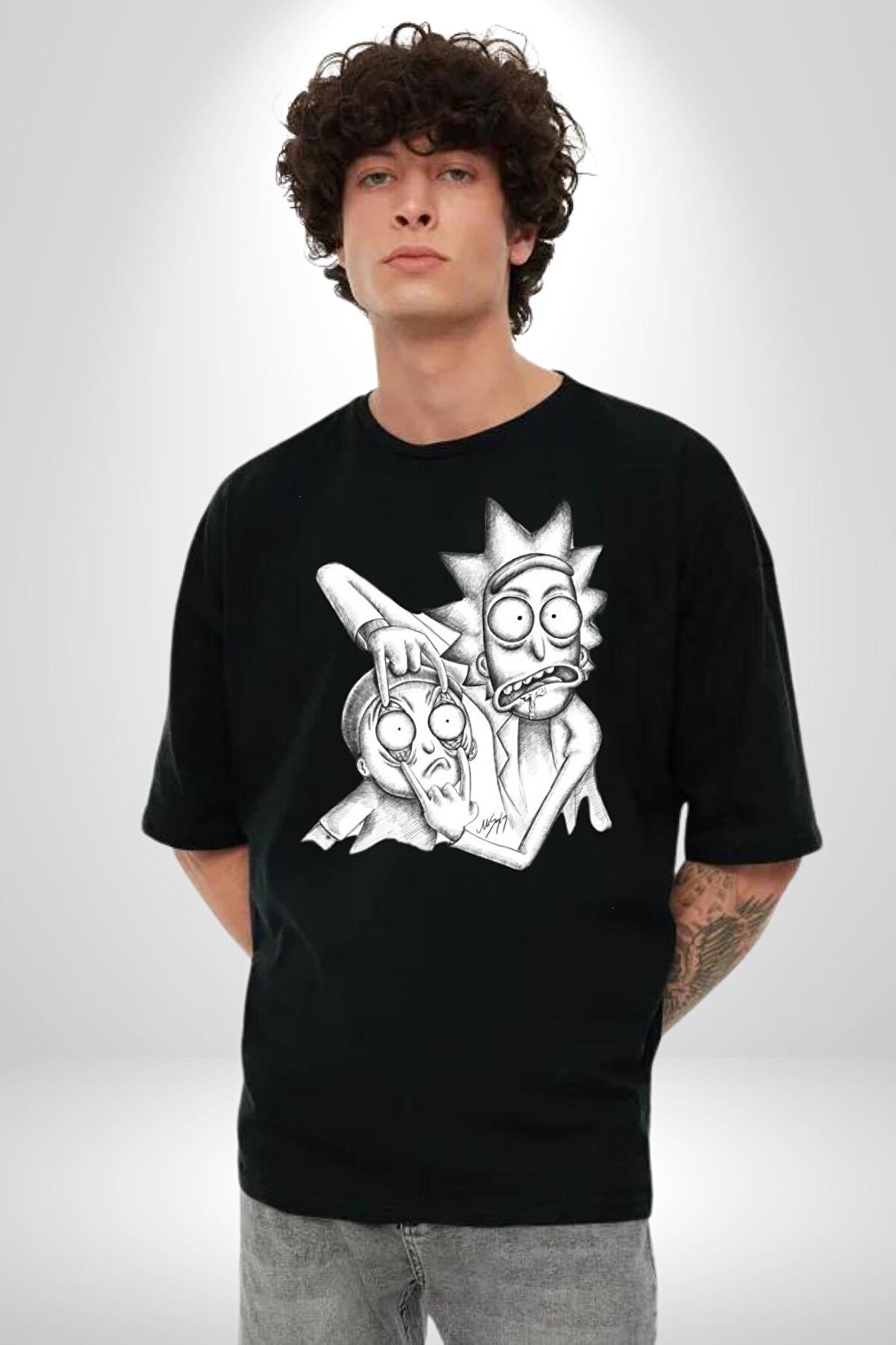 Rick and Morty Karakalem Çalışması Pamuklu Bisiklet Yaka Kadın Erkek Oversize Boyfriend Dijital Baskılı Siyah T-shirt