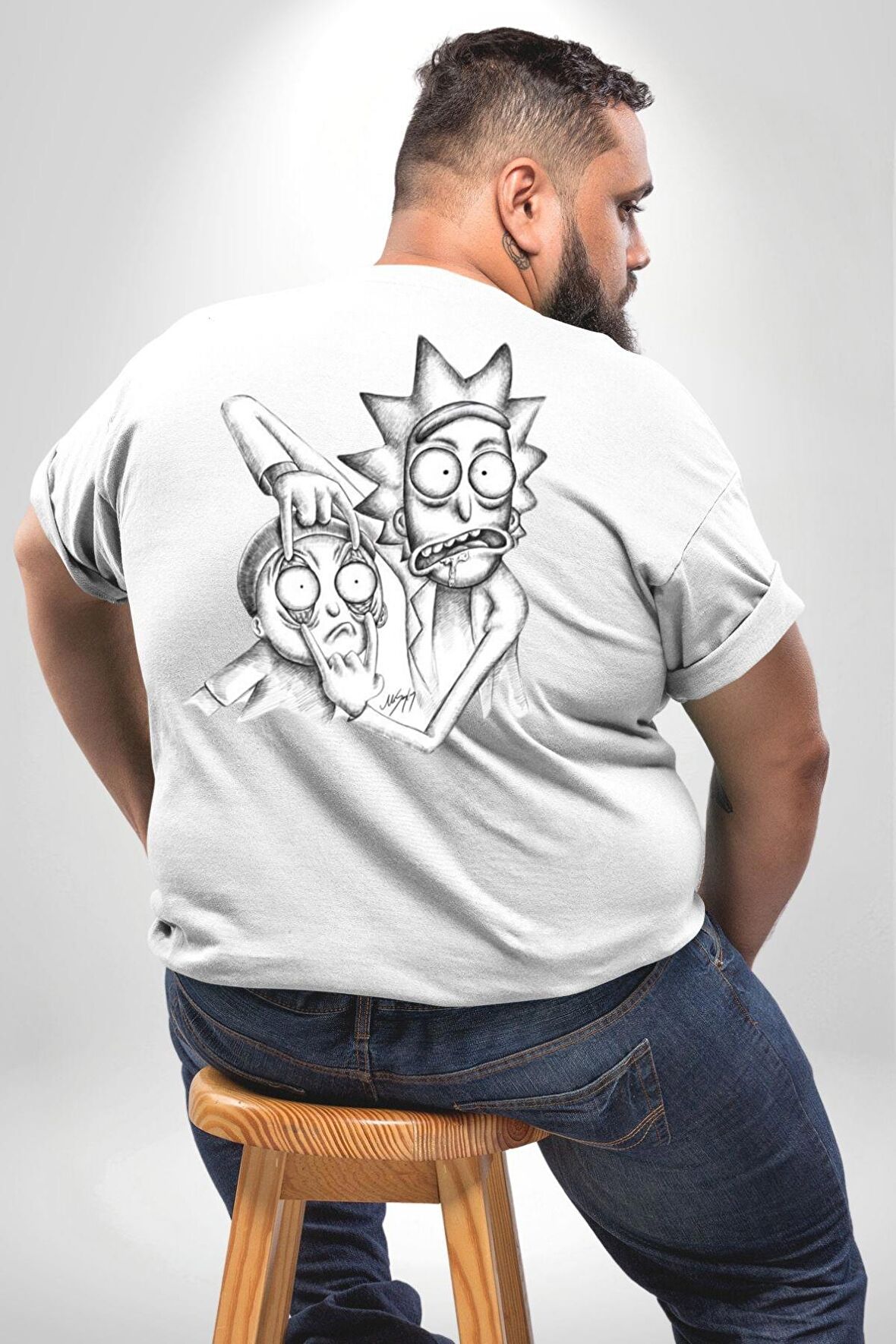 Rick and Morty Karakalem Çalışması Büyük Beden Beyaz Tişört Kadın Erkek Ünisex Sırt Baskılı