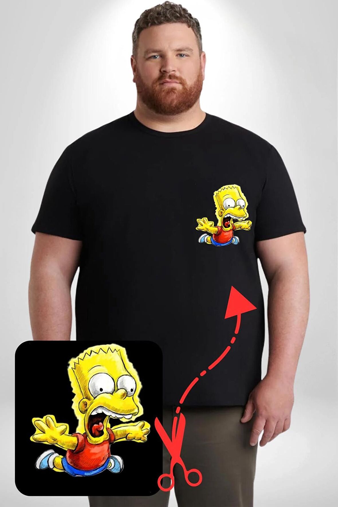 Düşen Bart Simpson Siyah Büyük Beden Kadın Basic Minimal Baskılı Tişört