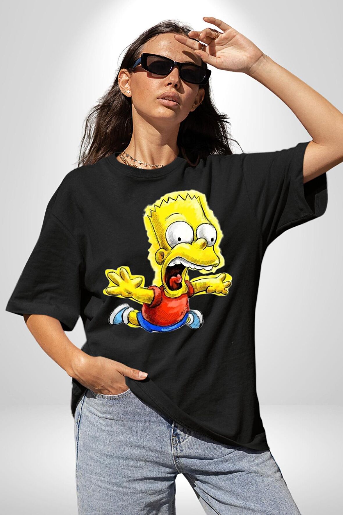 Düşen Bart Simpson Pamuklu Bisiklet Yaka Kadın Erkek Oversize Boyfriend Dijital Baskılı Siyah T-shirt