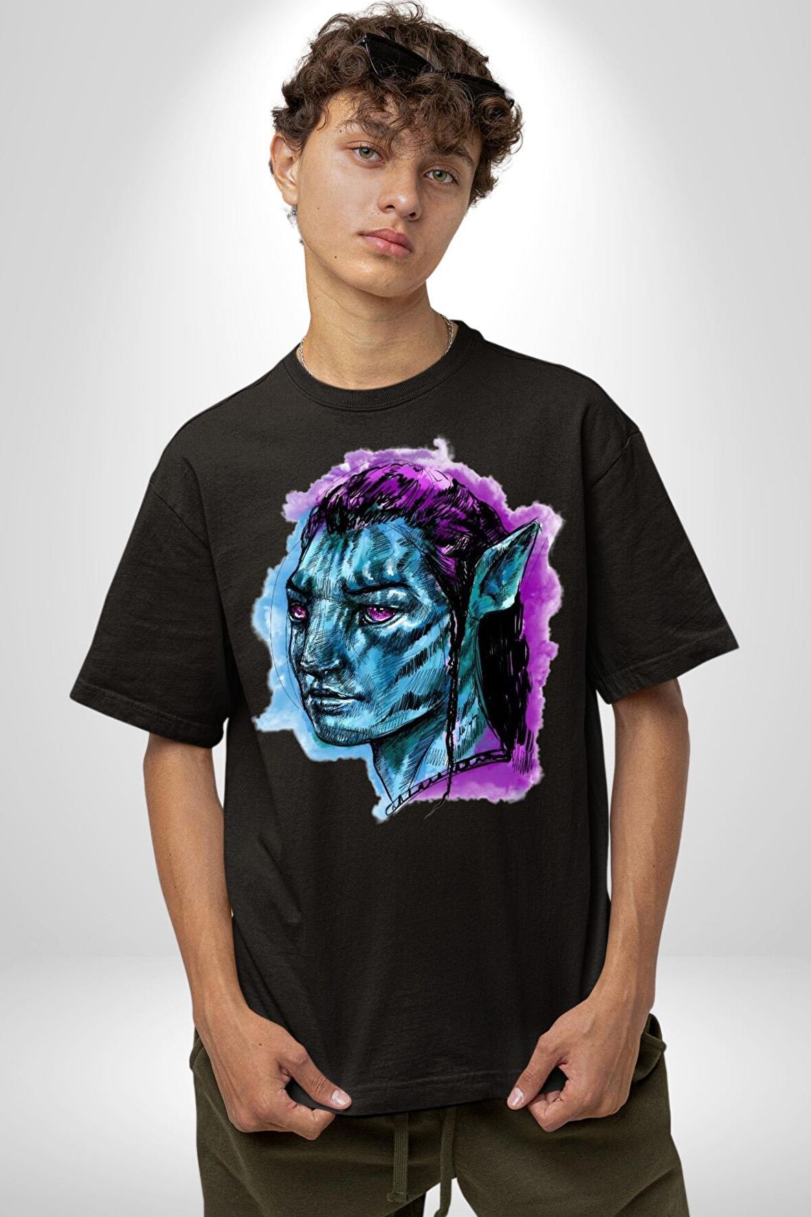 Avatar Özel Tasarım Pamuklu Bisiklet Yaka Kadın Erkek Oversize Boyfriend Dijital Baskılı Siyah T-shirt