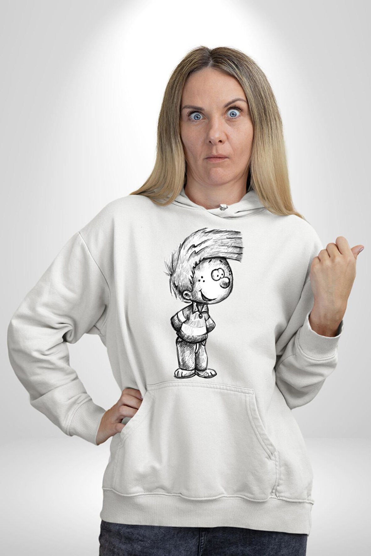 Cedric ve Chen Karakalem  Kadın Erkek  Beyaz Kapüşonlu Sweatshirt Hoodie