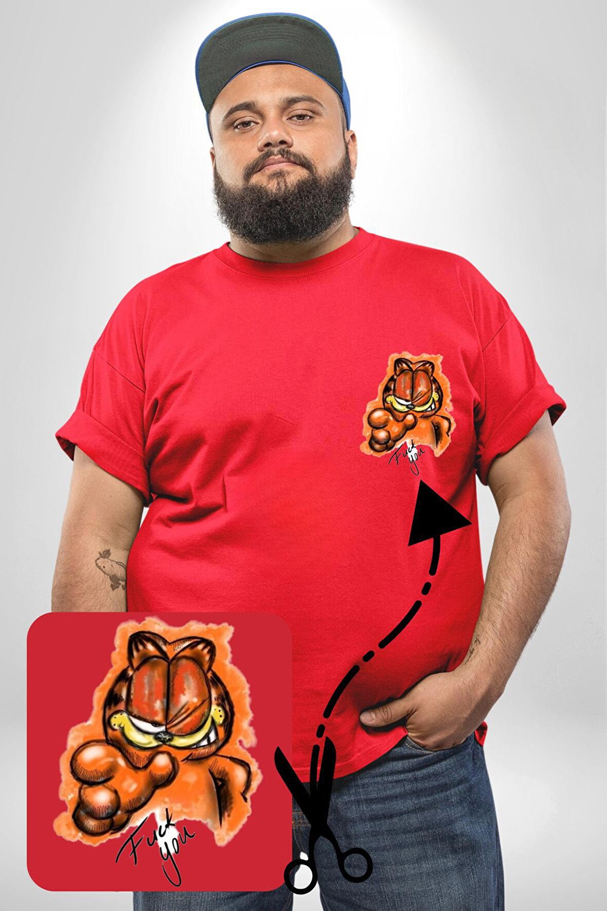 Sinirli Garfield Kırmızı Büyük Beden Kadın Basic Minimal Baskılı Tişört