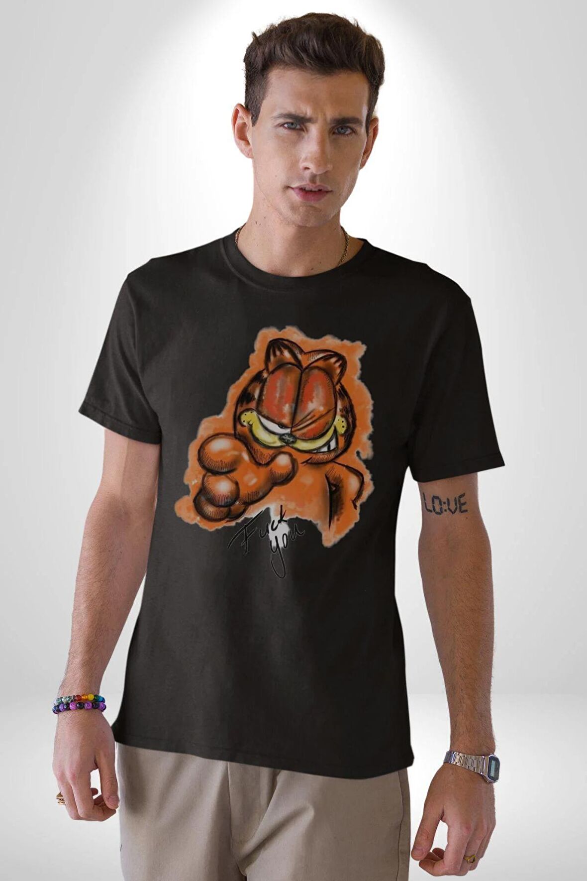 Sinirli Garfield Kadın Erkek Unisex Siyah Organik Baskılı T-Shirt Penye Yüksek Kalite