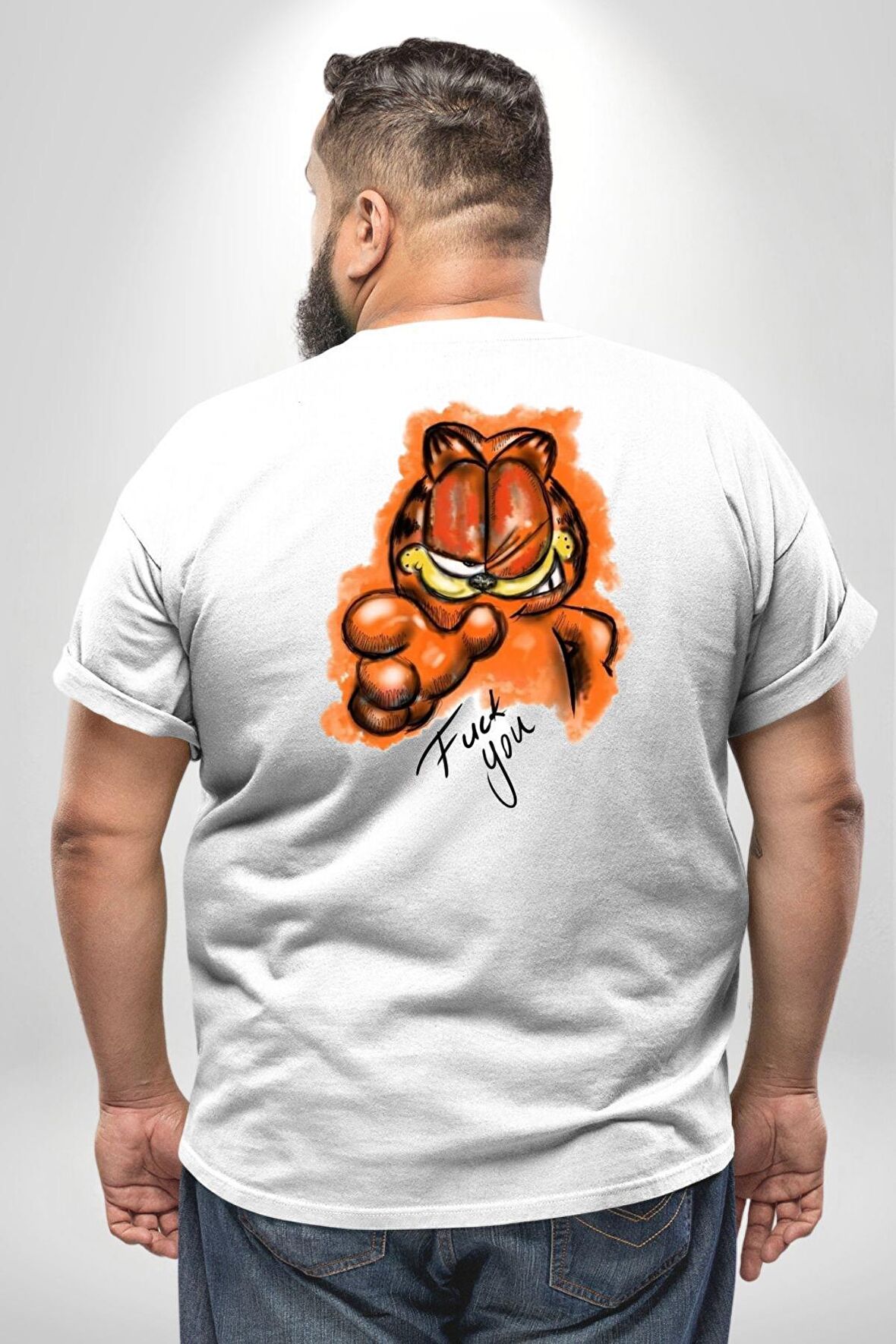 Sinirli Garfield Büyük Beden Beyaz Tişört Kadın Erkek Ünisex Sırt Baskılı
