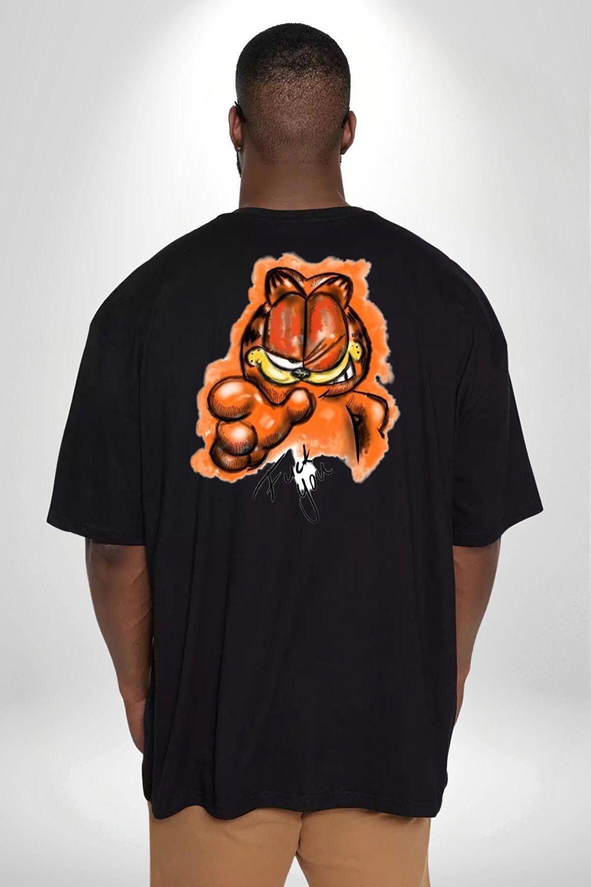 Sinirli Garfield Büyük Beden Siyah Tişört Kadın Erkek Ünisex Sırt Baskılı