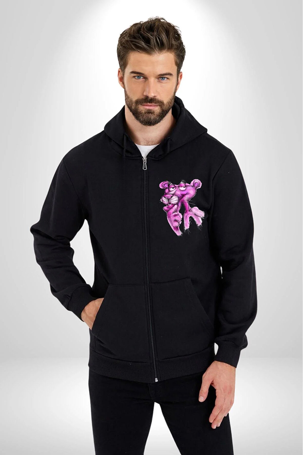 Pembe Panter Kadın Erkek Siyah Kapüşonlu Fermuarlı Baskılı Hırka Sweatshirt