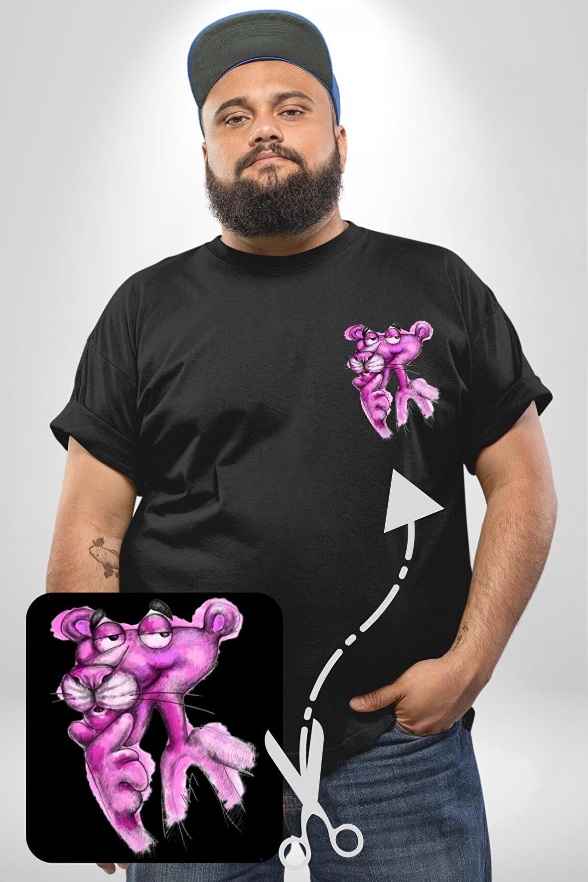 Pembe Panter Siyah Büyük Beden Kadın Basic Minimal Baskılı Tişört