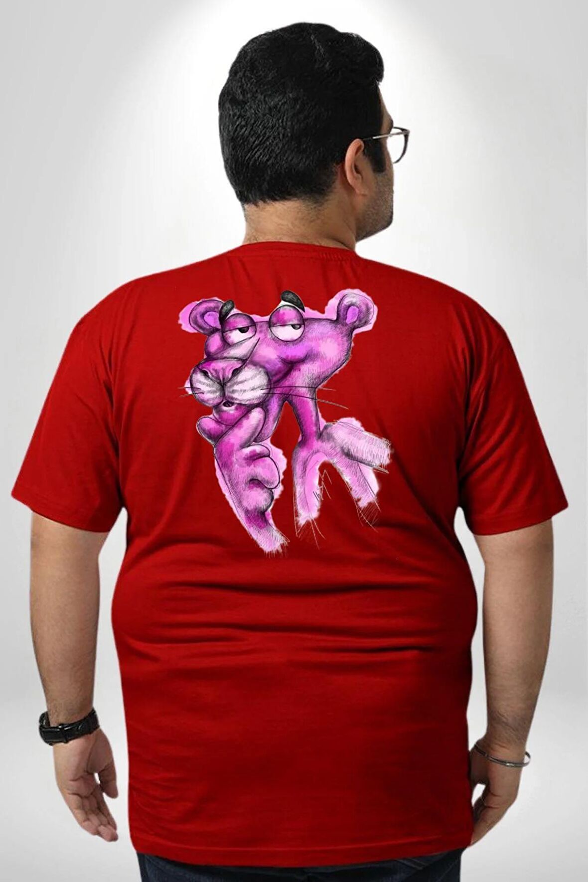 Pembe Panter Büyük Beden Kırmızı Tişört Kadın Erkek Ünisex Sırt Baskılı