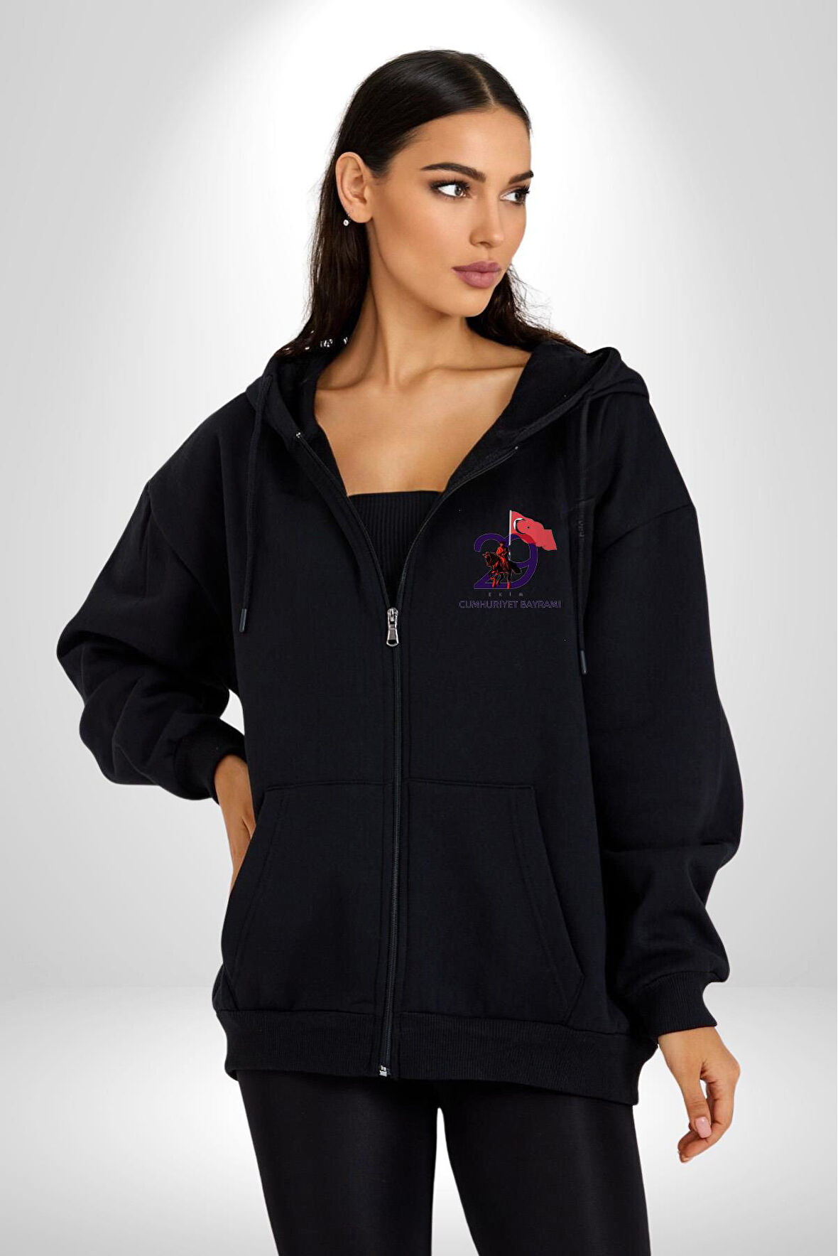 29 Ekim Cumhuriyet Bayramı Atatürk Türk Bayrağı Kadın Erkek Siyah Kapüşonlu Fermuarlı Baskılı Hırka Sweatshirt