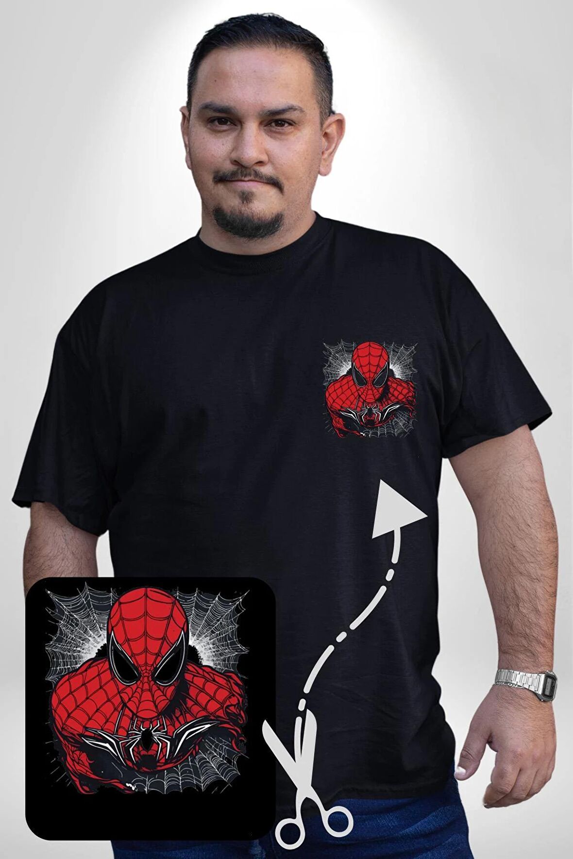 Spider Man Siyah Büyük Beden Kadın Basic Minimal Baskılı Tişört