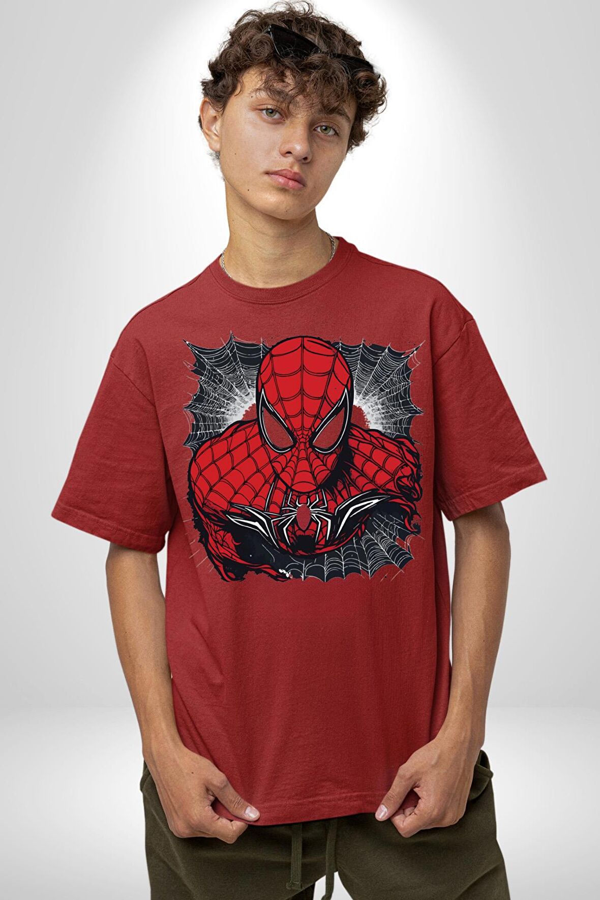 Spider Man Pamuklu Bisiklet Yaka Kadın Erkek Oversize Boyfriend Dijital Baskılı Kırmızı T-shirt