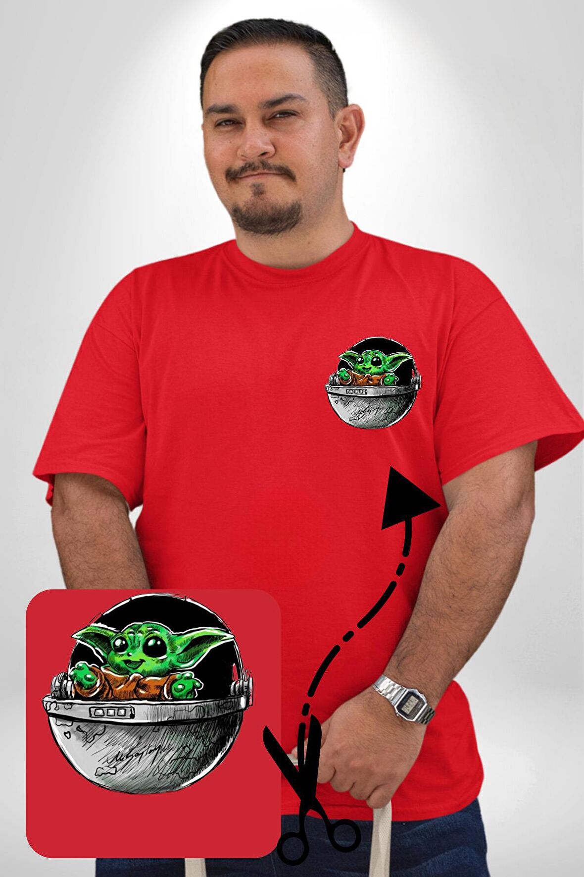 Bebek Yoda Kırmızı Büyük Beden Kadın Basic Minimal Baskılı Tişört