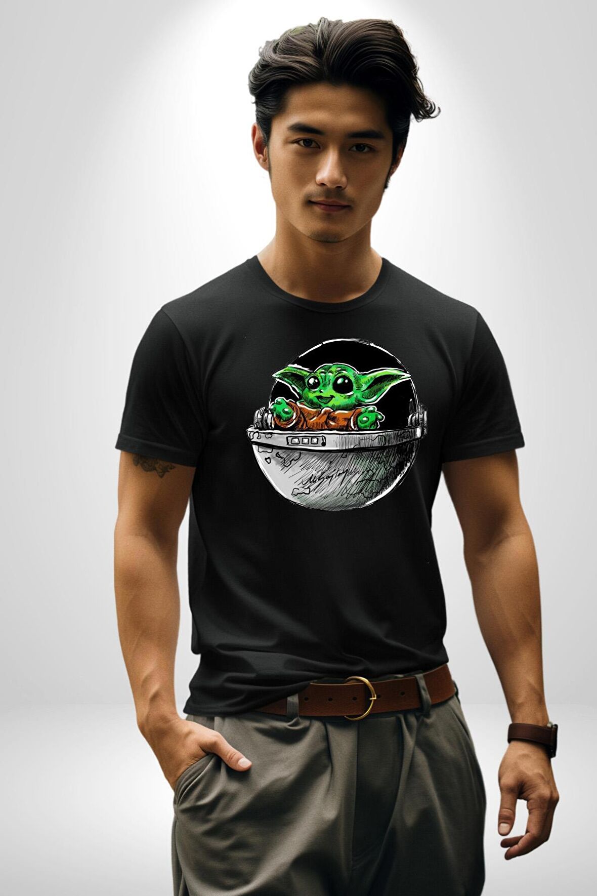 Bebek Yoda Kadın Erkek Unisex Siyah Organik Baskılı T-Shirt Penye Yüksek Kalite