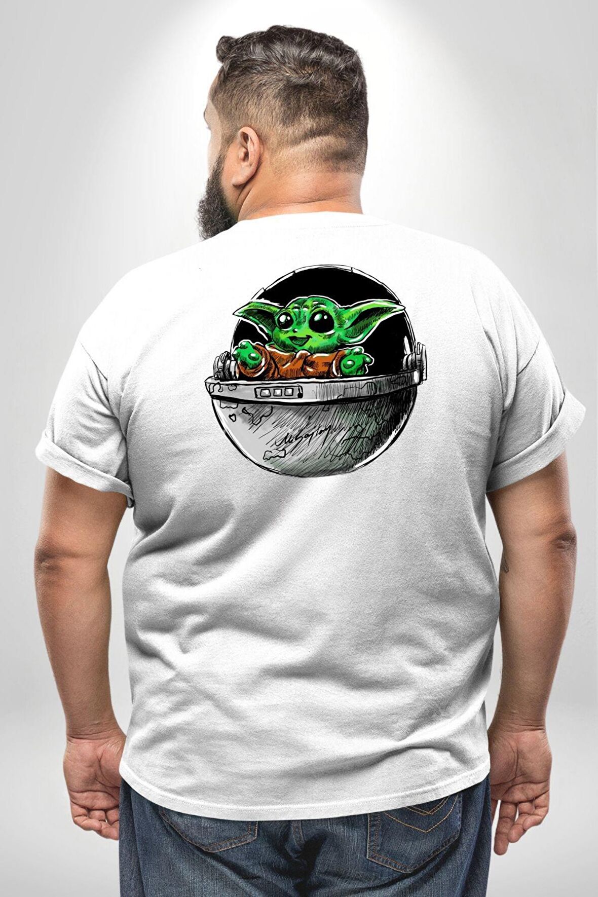 Bebek Yoda Büyük Beden Beyaz Tişört Kadın Erkek Ünisex Sırt Baskılı