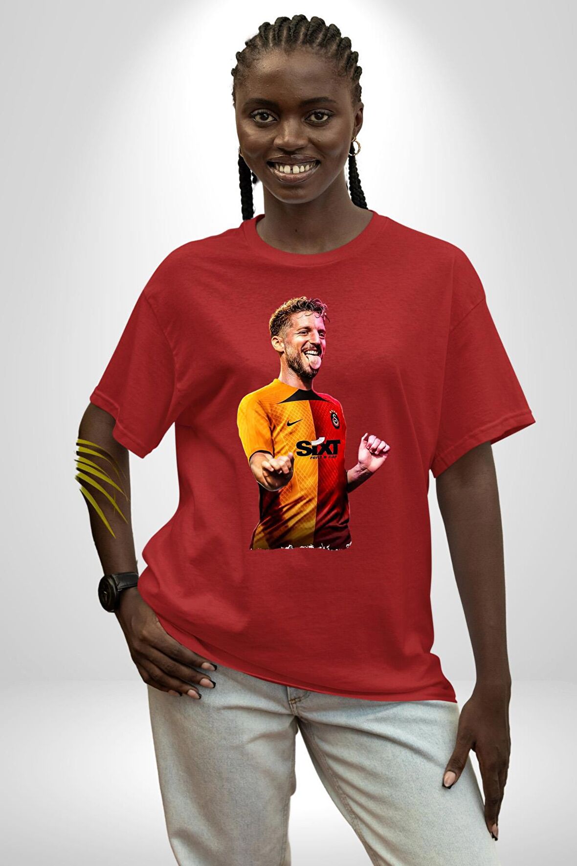 Mertens Gol Sevinci Pamuklu Bisiklet Yaka Kadın Erkek Oversize Boyfriend Dijital Baskılı Kırmızı T-shirt