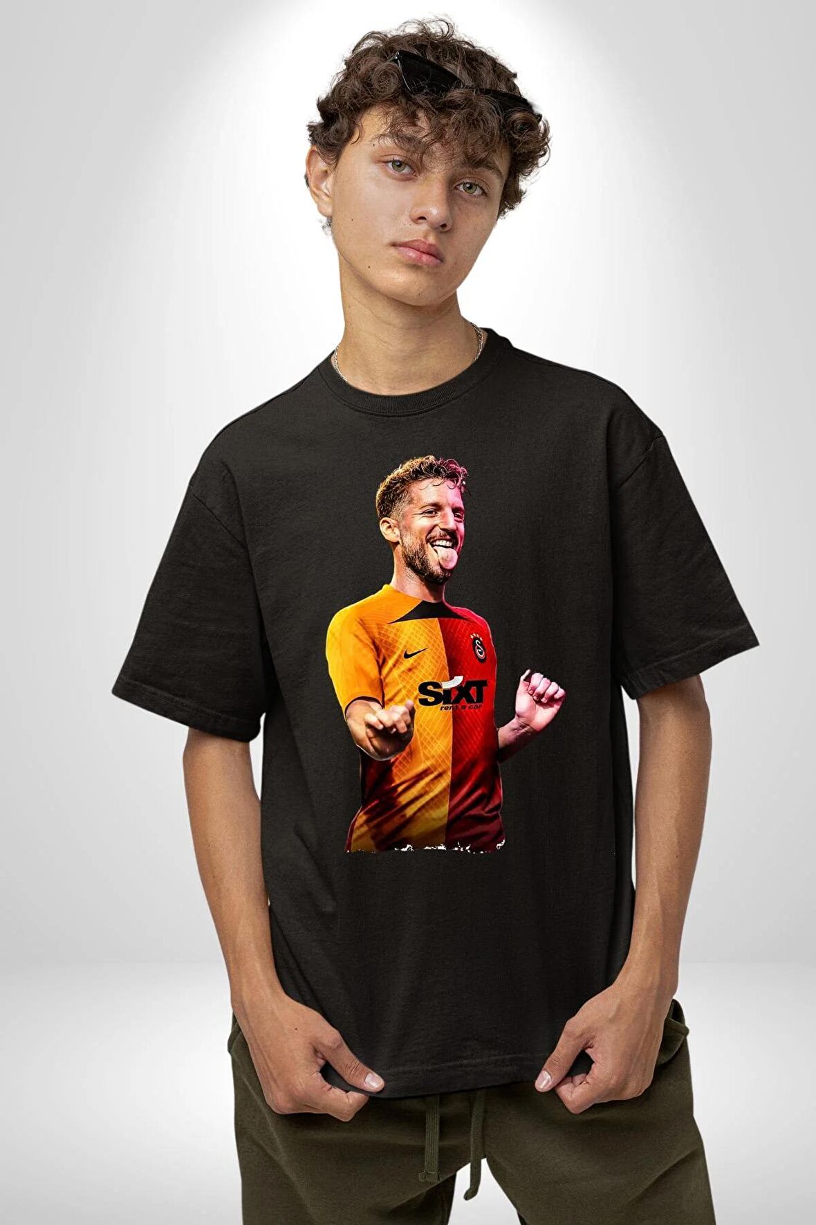 Mertens Gol Sevinci Pamuklu Bisiklet Yaka Kadın Erkek Oversize Boyfriend Dijital Baskılı Siyah T-shirt