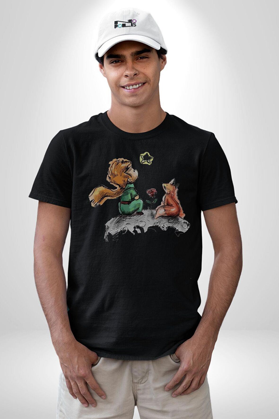Küçük Prens  Kadın Erkek Unisex Siyah Organik Baskılı T-Shirt Penye Yüksek Kalite