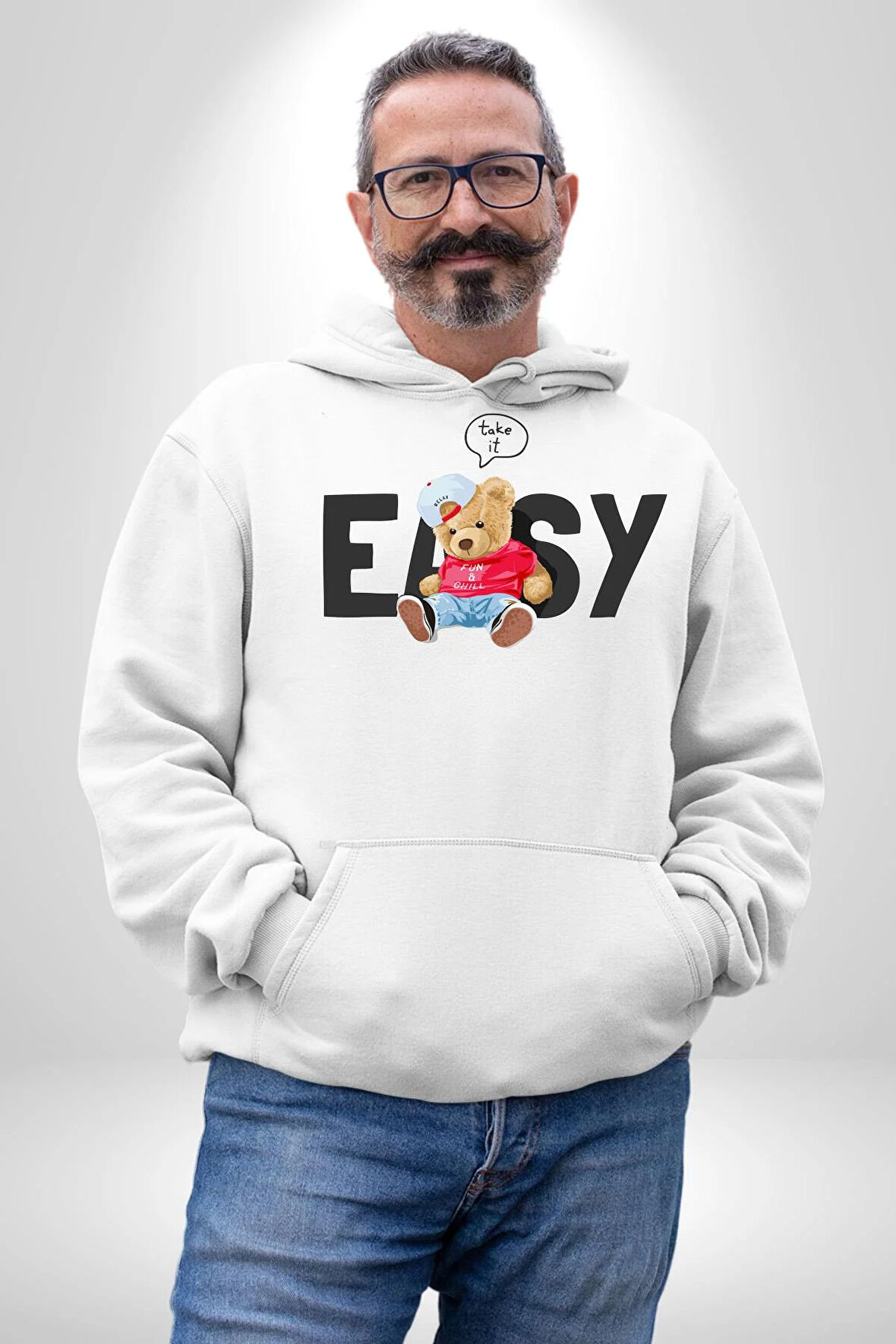 Teddy Boşver Tasarımı Kadın Erkek  Beyaz Kapüşonlu Sweatshirt Hoodie