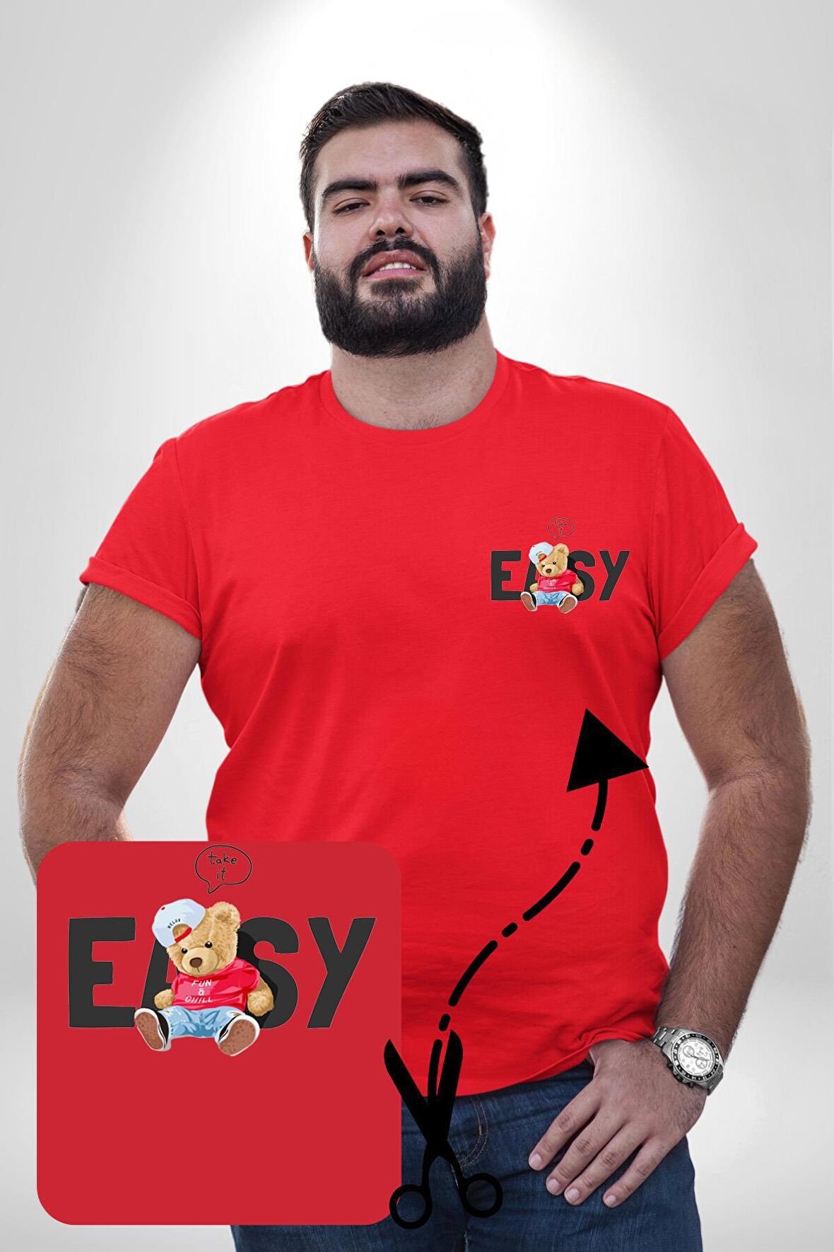 Teddy Boşver Tasarımı Kırmızı Büyük Beden Kadın Basic Minimal Baskılı Tişört