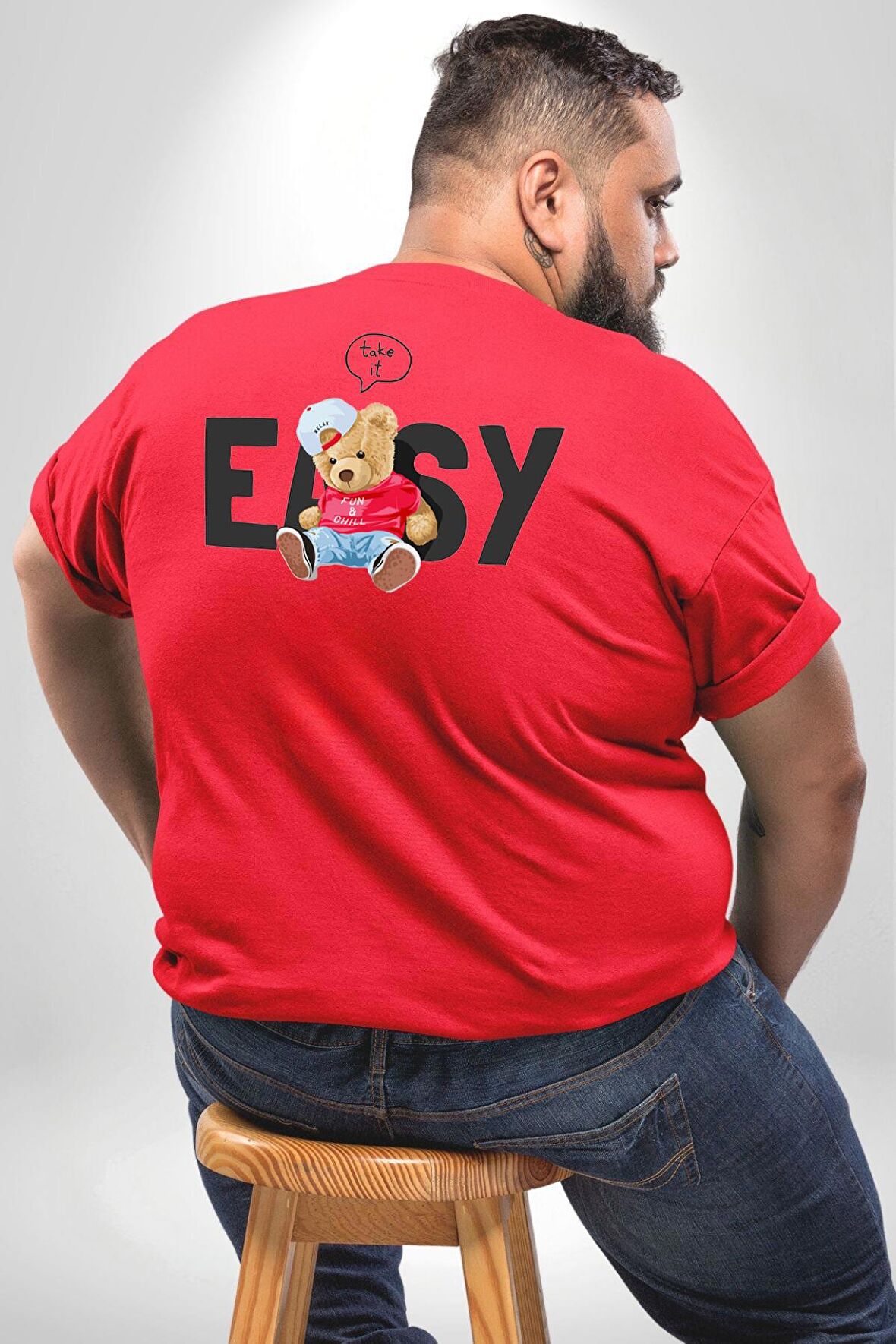 Teddy Boşver Tasarımı Büyük Beden Kırmızı Tişört Kadın Erkek Ünisex Sırt Baskılı