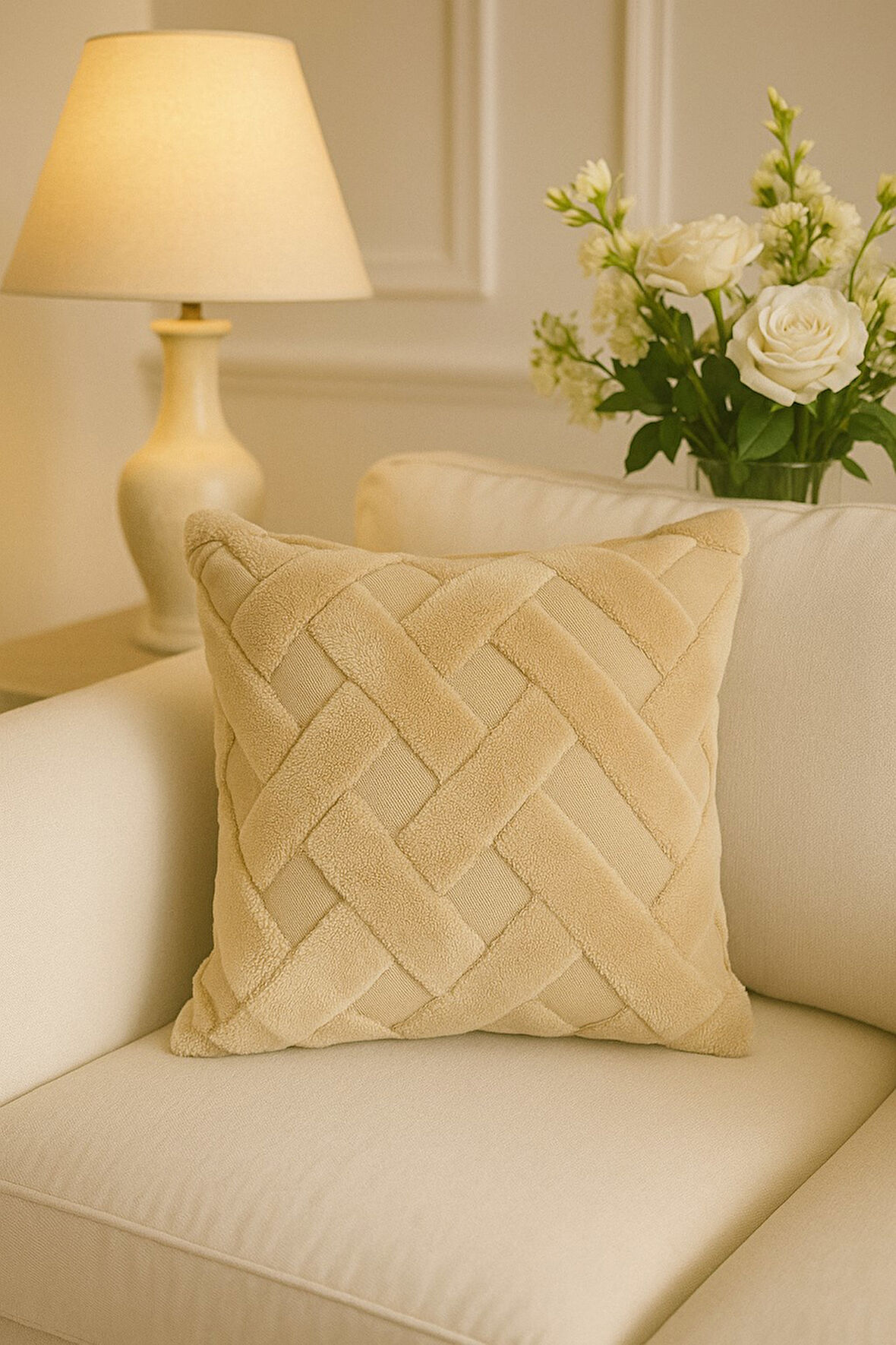 1 Adet Bej Çizgili Pofuduk Kırılent Kılıfı 42x42 cm 
