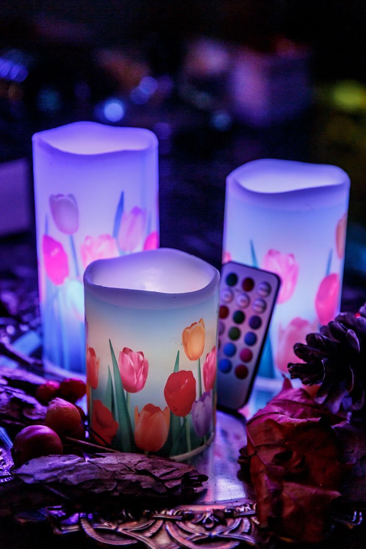 3'lü Flowers Renk Değiştiren Kumandalı Led Mum Seti