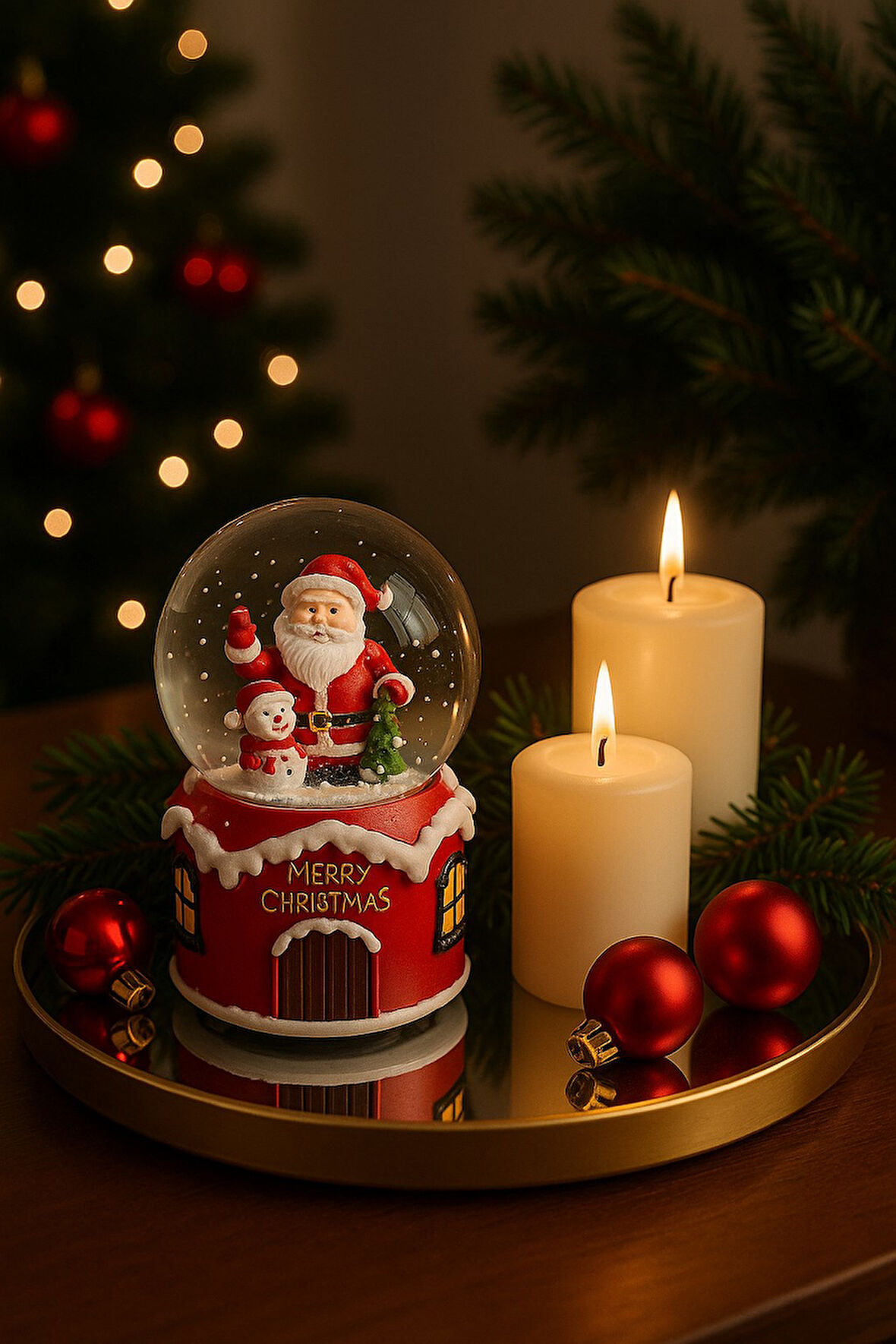 Müzikli Pilli Kardan Adamlı Noel Babalı Sulu Kar Küresi 