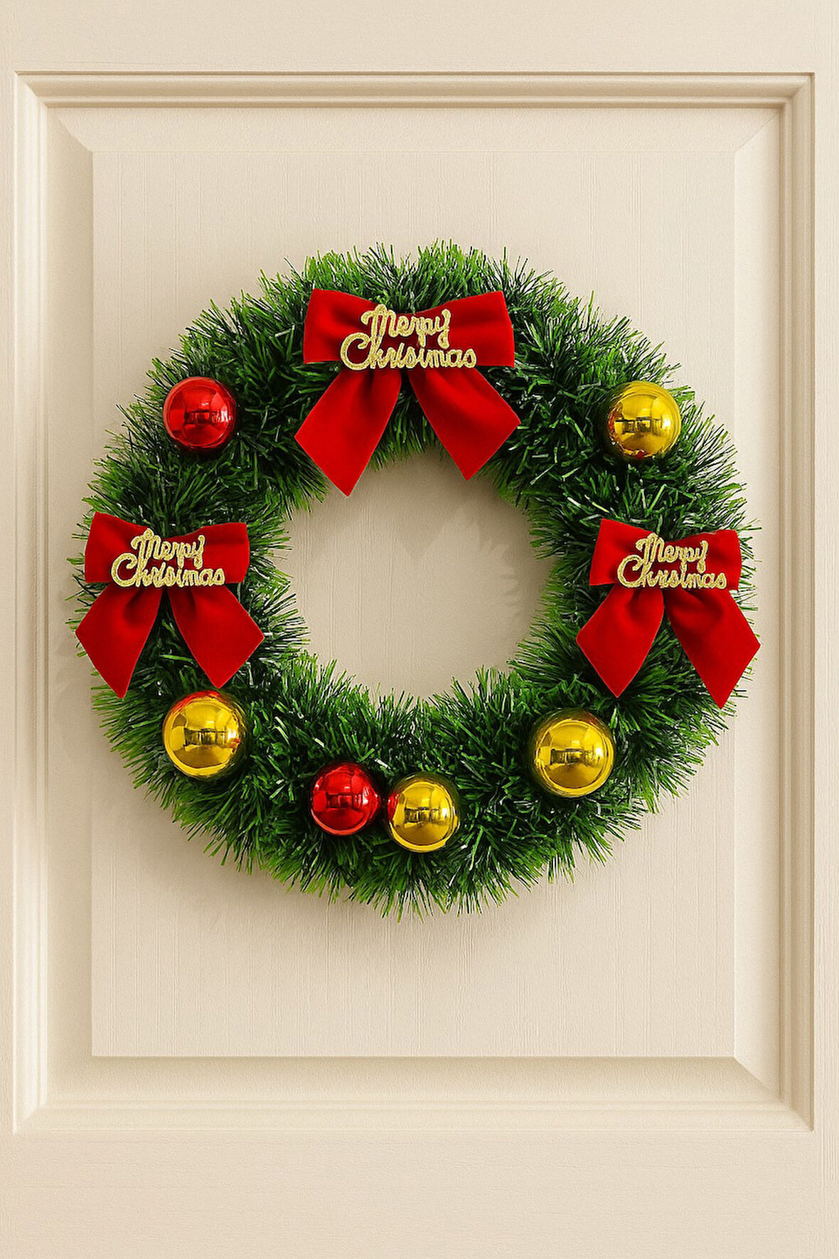 Yılbaşı Kapı Süsü Merry Christmas Çelenk 30 cm Kırmızı Kurdeleli Noel Dekoru