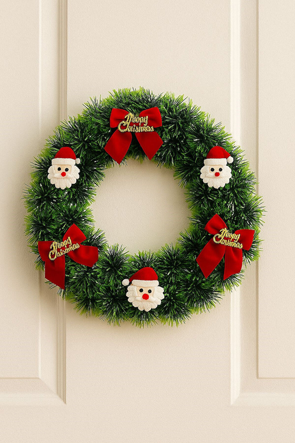 Yılbaşı Kapı Süsü Merry Christmas Çelenk 30 cm Kırmızı Kurdeleli & Noel Baba Dekoru