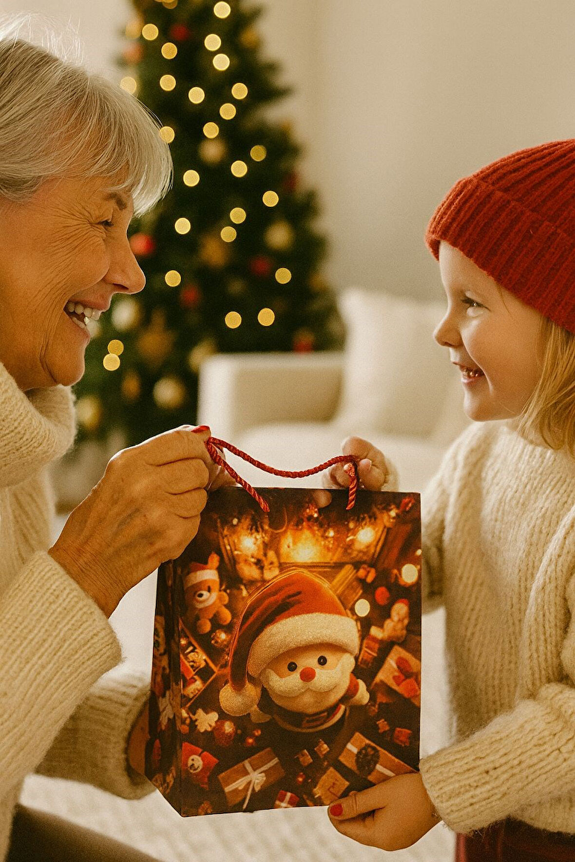 3 Boyutlu Küçük Noel Babalı Yılbaşı Temalı Hediye Paketi & Çanta & Poşet 23*18*10 cm