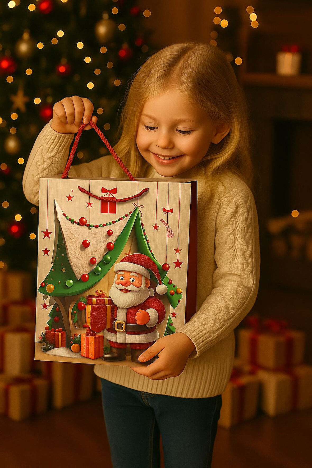 Karma 3 Boyutlu Büyük Noel Babalı Yılbaşı Temalı Hediye Paketi & Çanta & Poşet 40*30*12 cm 