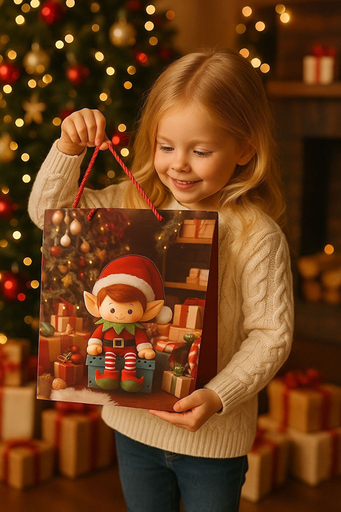 3 Boyutlu Büyük Elf Yılbaşı Temalı Hediye Paketi & Çanta & Poşet 40*30*12 cm 