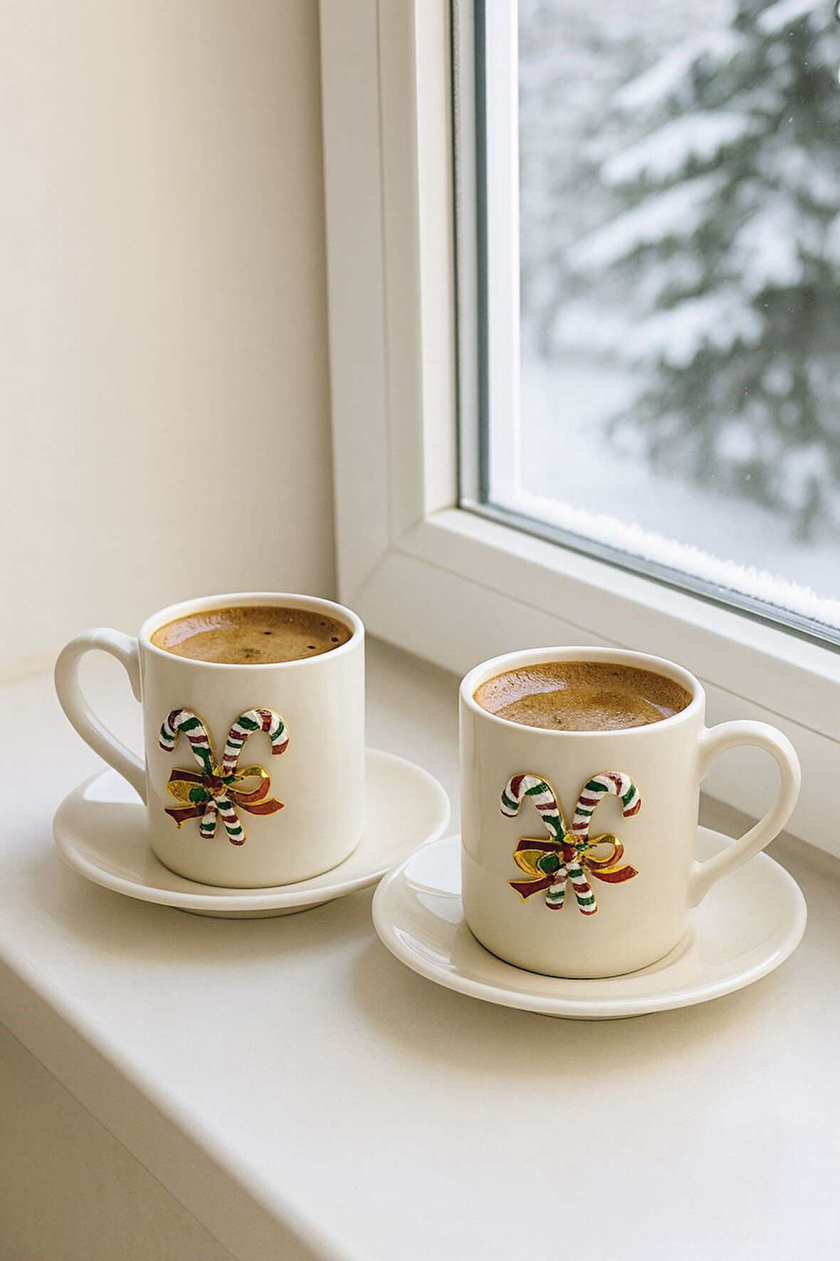 Yeni Yıl Özel 2'li Porselen Kupa Fincan Takımı | Şeker Bastonlu Fiyonk Detaylı